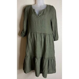 Francesca Bettini Womens S Tiered Linen Dress Olive Green Roll Tab Sleeve Italy